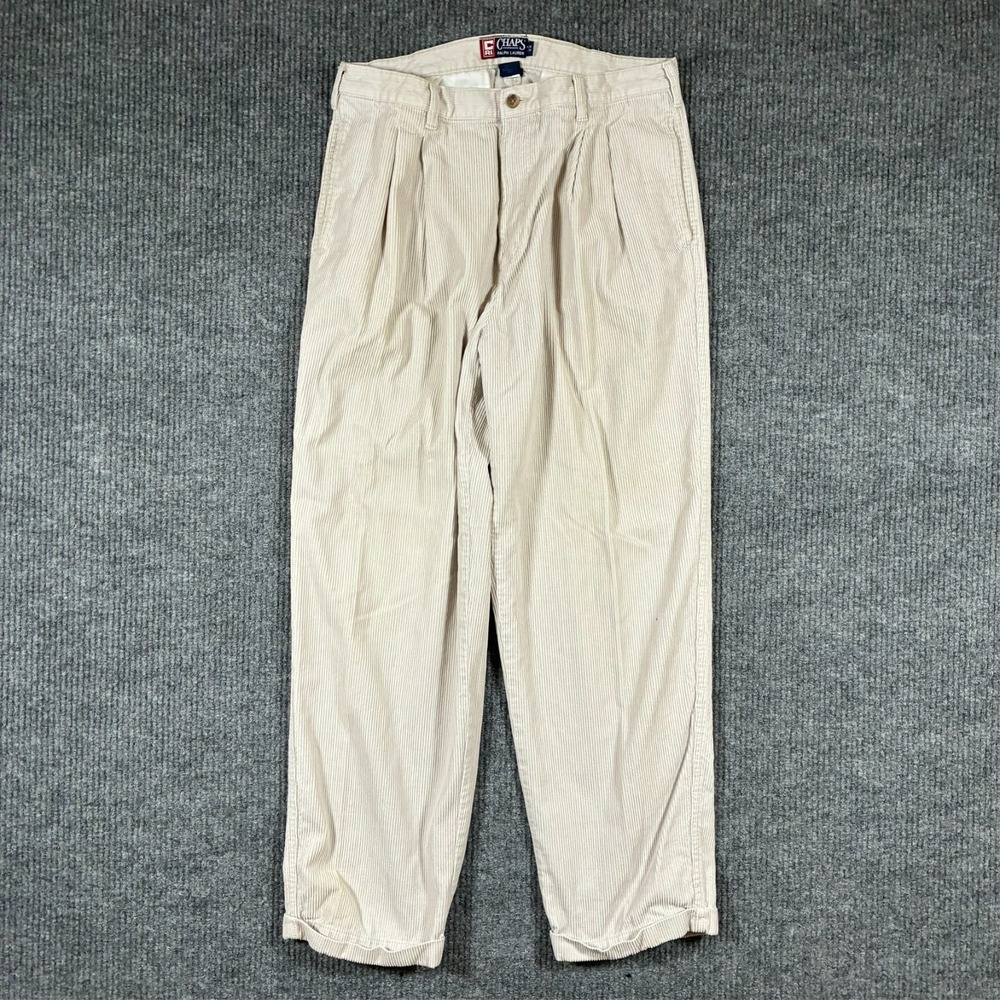 Chaps Ralph Lauren Mens Pants Size 36x32 Cream Corduroy Pleated Front Vintage
